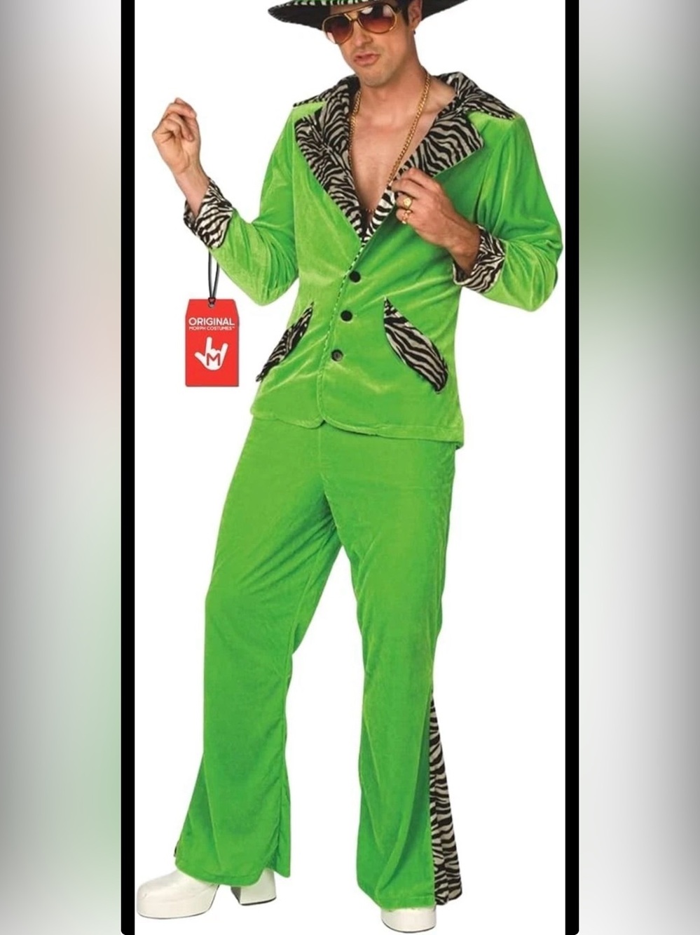 Men`s Green Pimp Costume + Hat 1970s Big Daddy Velvet Suit Halloween Size XL